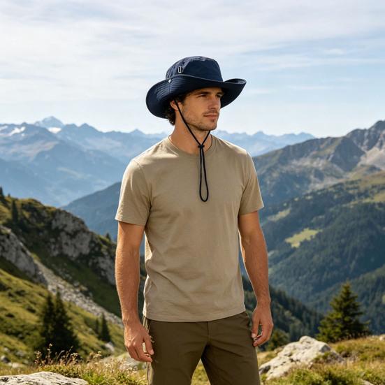 Sonnenhut für Herren Damen Breiter Rand Anglerhut Verstellbares Winddichtes Seil Sonnenschutzhut Atmungsaktiver Sommerhut für Outdoor Reisen Wandern Camping
