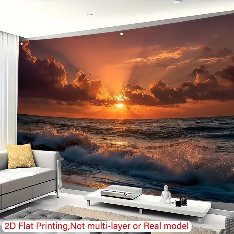 2D Tropical Sunset Tapestry, Crashing Ocean Waves for Bedroom Decor