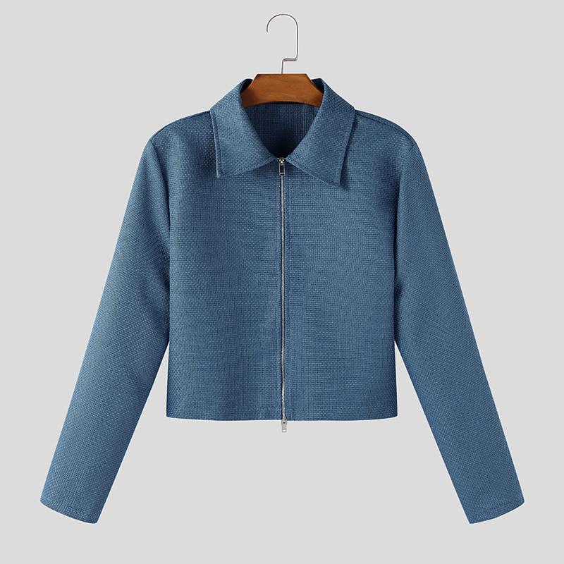 

INCERUN Men Lapel Neck Long Sleeve Zip-Up Texture Cropped Casual Shirts 5XL синий