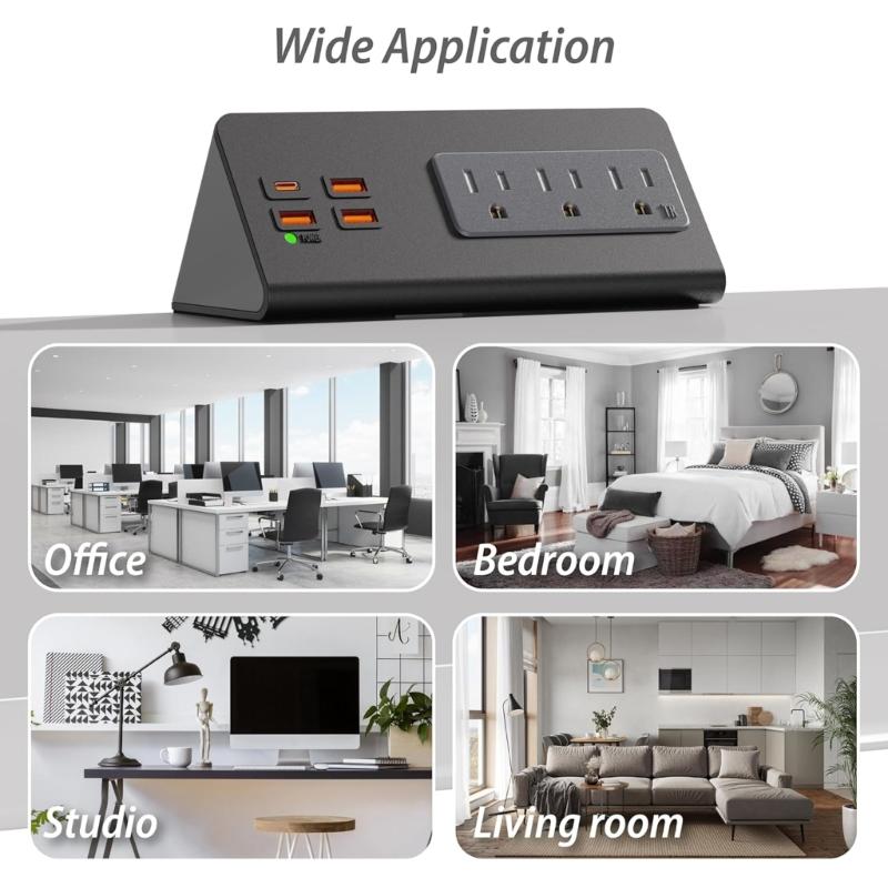 Desk Edges Mounted Power Strips with USB C Fast Charging Port and 3AC Outlets for Office Hotel Dormitory Use