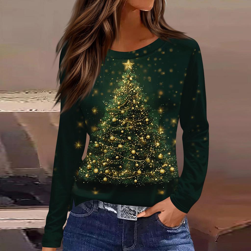 Women's Fashion Casual Slit Hem Round Neck Long Sleeve Loose Christmas Printed T-Shirt Ladies Top