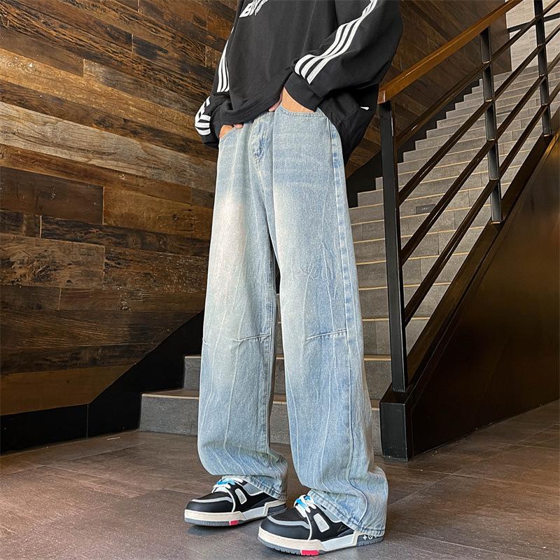 Retro blue jeans men's autumn new American high street vibe straight micro-pull pants trendy brand ruffian handsome fried street pants