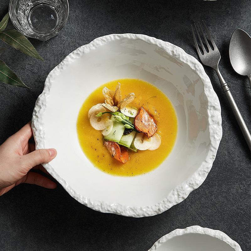 Rock grain pointed bowl, white ceramic soup bowl, noodle bowl, high-grade tableware, salad bowl, large.