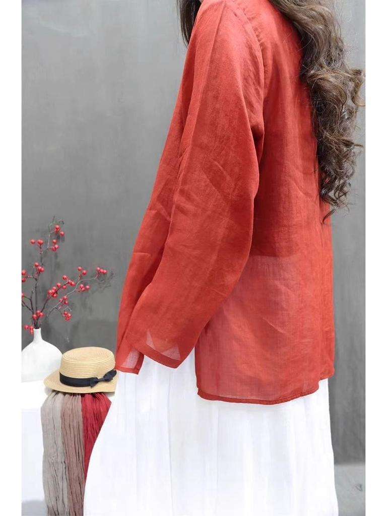 Women's Retro Cotton Linen Long Sleeve Mid-Length Chinese Style Lightweight Pullover Dress