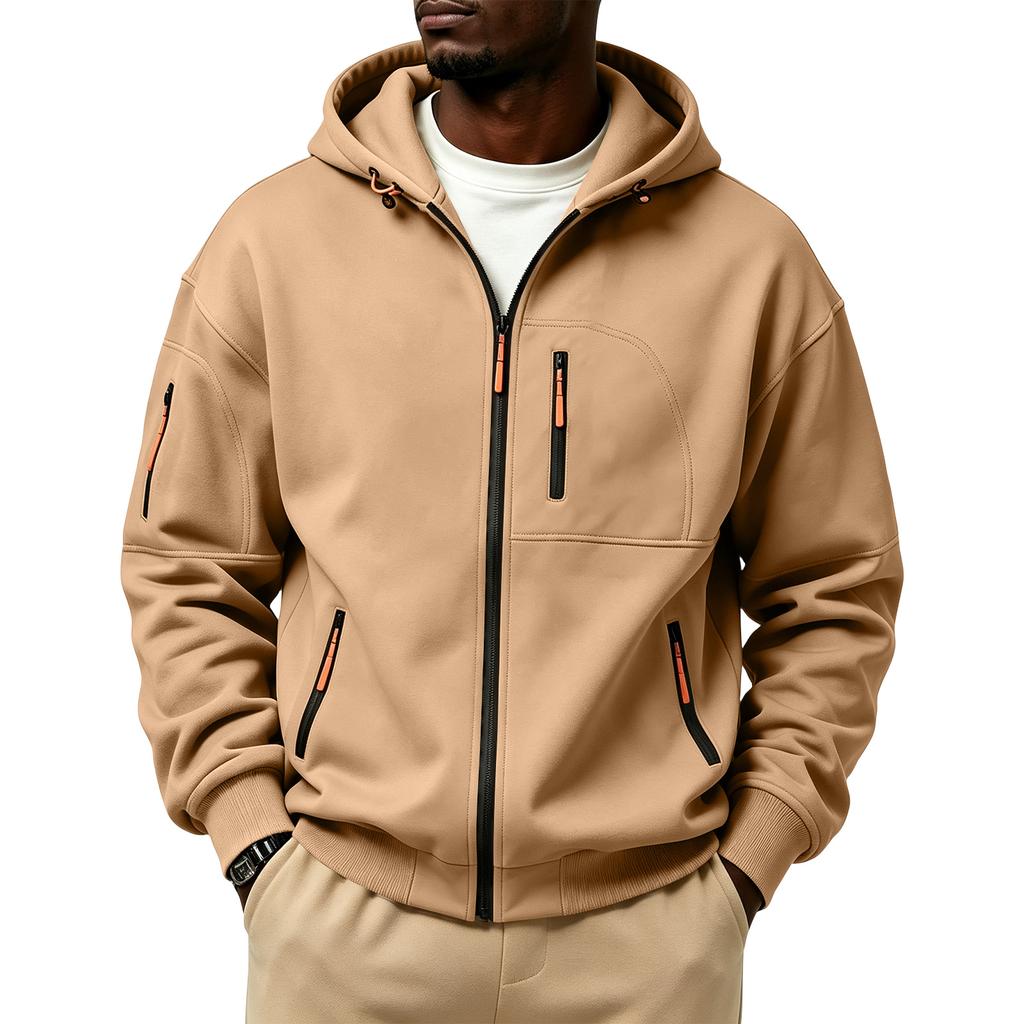 Men's Winter Color Hooded Zip-Up Sweatshirt with - Pockets for Daily Wear