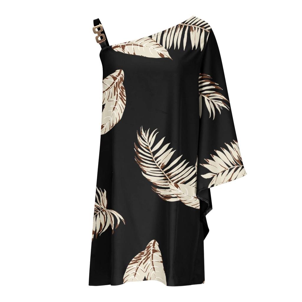 Women's Sexy Off-the-Shoulder One Strap Sloping Shoulder Printed Midi Dress