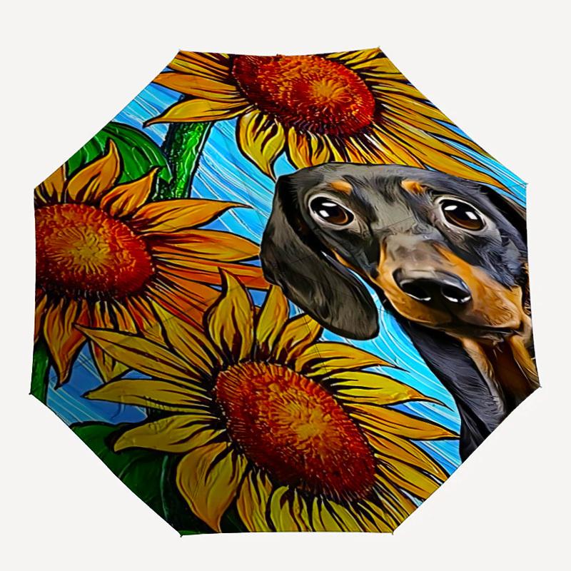 1pc Sunflower Dachshund Automatic Open/Close Umbrella, Portable Folding Umbrella for Travel, Themed Events111
