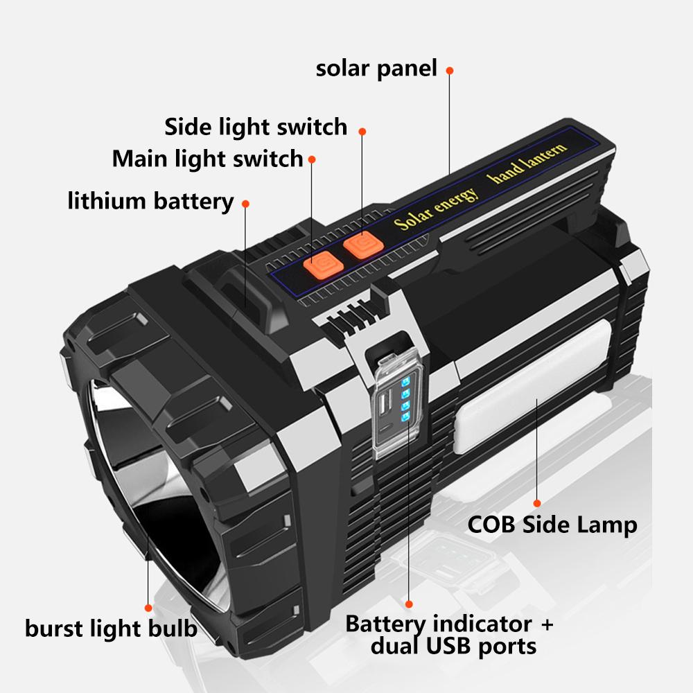 Solar Energy High Power LED Flashlight Type-C Rechargeable Strong Light Lamp Waterproof For Outdoor Camping Hiking