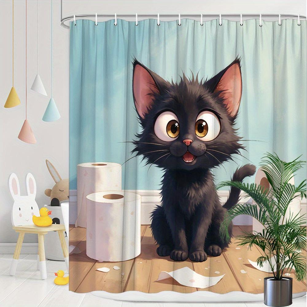 1 x Playful Black Cat Shower Curtain with Toilet Paper Roll - Fun Cartoon Design, Light Blue Bathroom Decor, Polyester Fabric