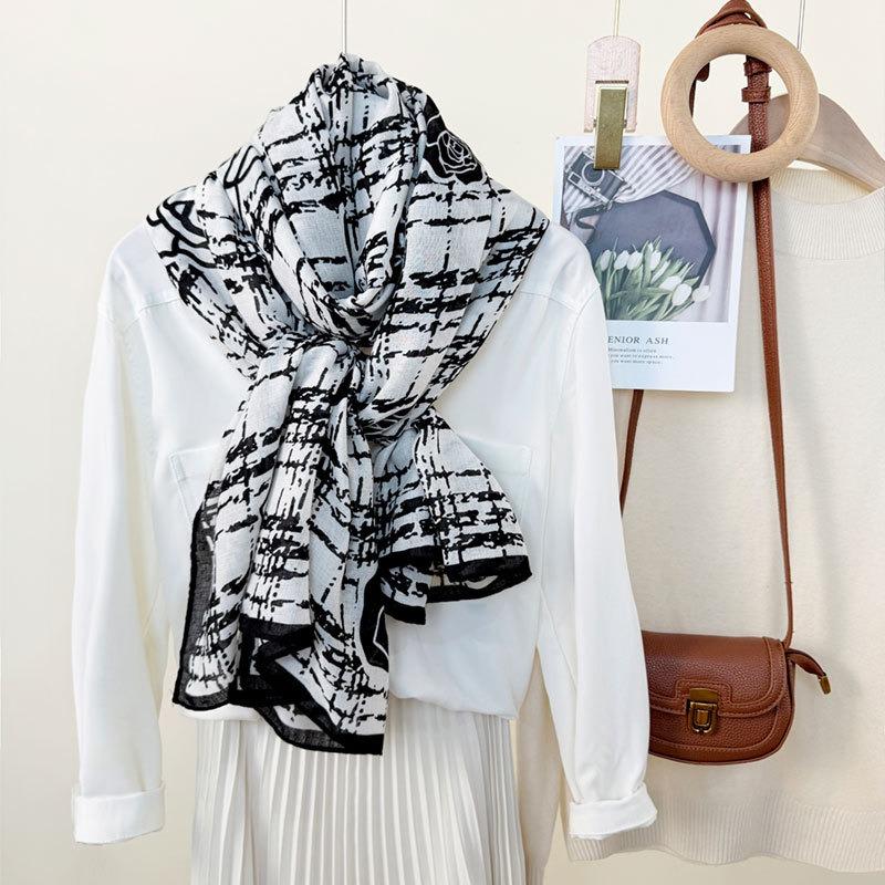 New spring and summer plaid rose scarf women's thin classic camellia breathable shawl travel sun protection