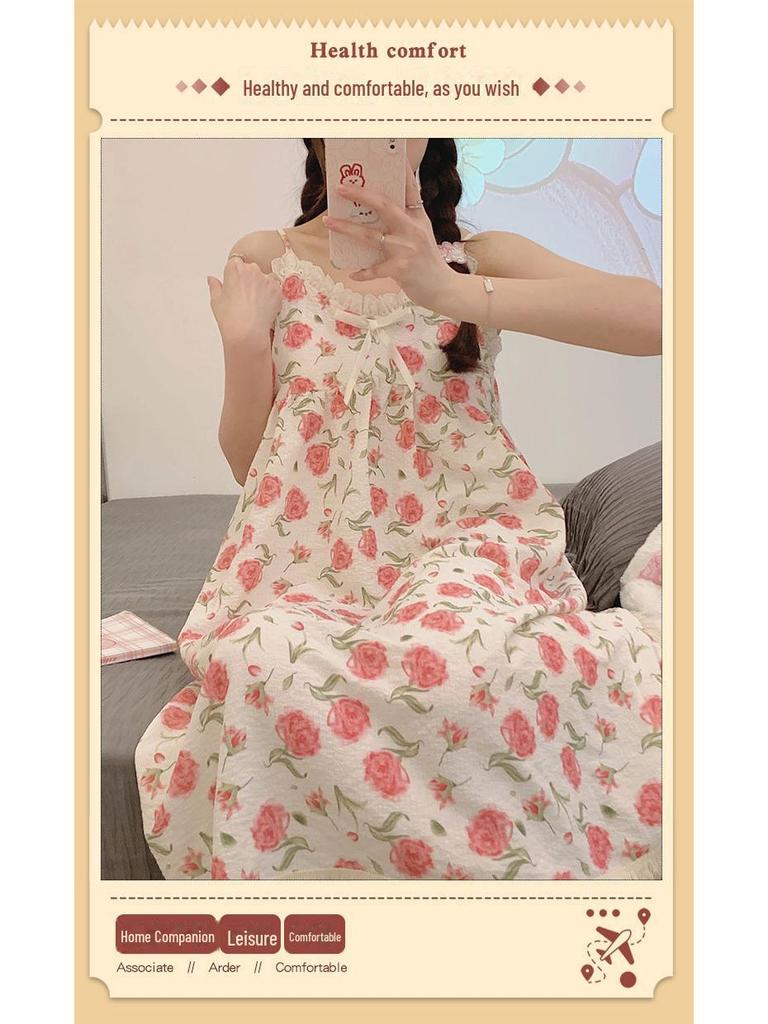 Women's Floral Summer Nightdress with Chest Pads - Cute, Simple, Loose Fit, Mid-Length Pajamas