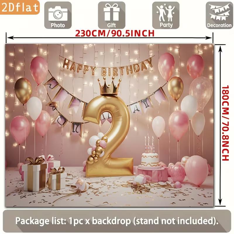 2D 2nd Birthday Pink Gold Balloon Backdrop Banner Photo Booth Background