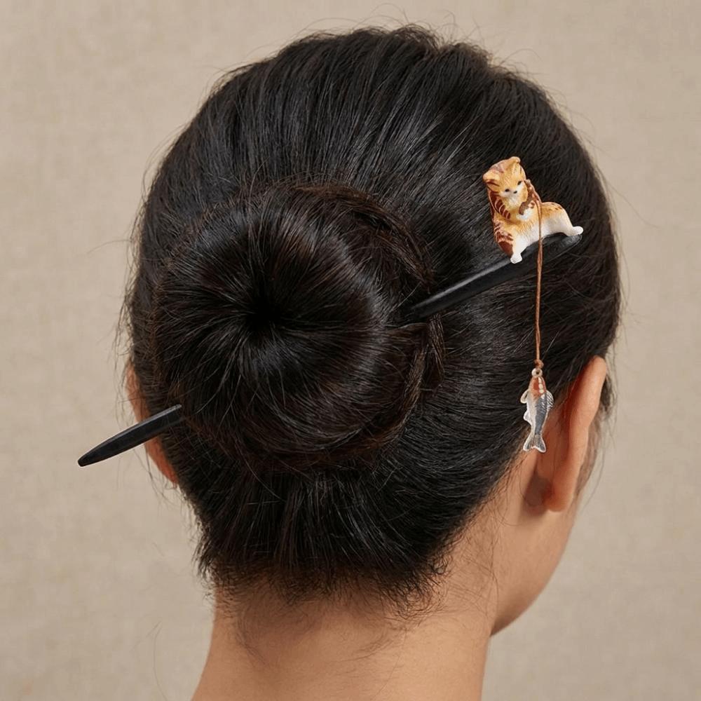 Chinesischer Stil Holz Haarstab Schwarzes Sandelholz Hanfu Haarnadel Katze Angeln Haarstab Mädchen