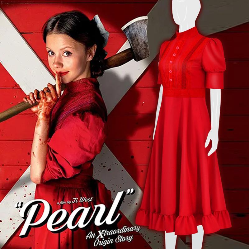 Stunning Pearl Red Dress Costume For Horror Movie Fans Perfect For Halloween Cosplay Events
