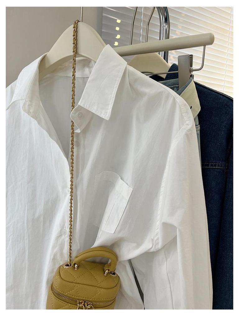 Caramel Mid-Length Women's Autumn Shirt Jacket - Casual, Long-Sleeved, Loose, Slimming Top