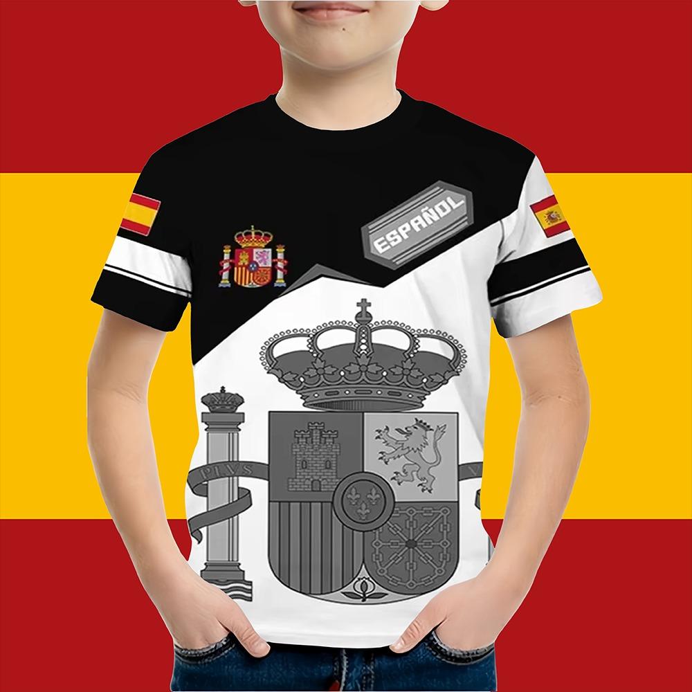 Boys Clothes Spanish Flag Graphic T-Shirt Vintage Casual Short Sleeved Kids Clothes 2-14Y Summer Outdoor Spanish Child Top Tee