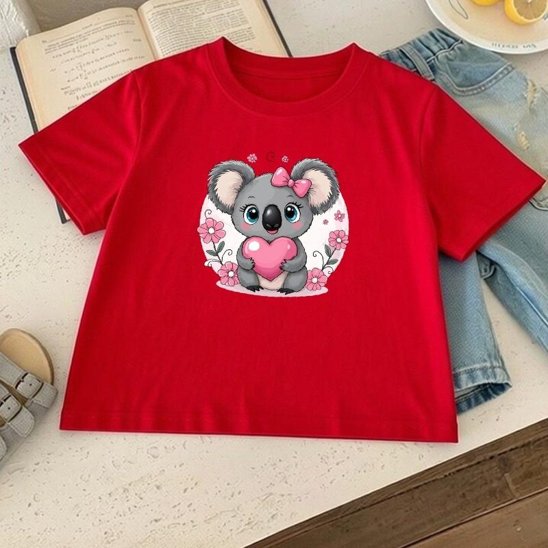 Kids Koala Holding Heart Pink Flower Print Crewneck Tee