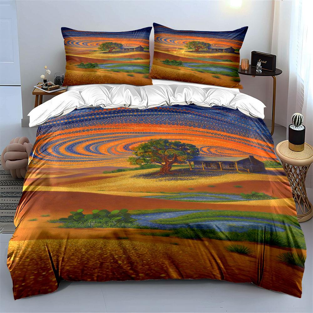 Swirling Sky, Tree, House. Bedding Sets Duvet Cover Sets Duvet Covers Pillowcases(1 * Duvet Cover 2 * Pillowcases, Without Duvet Insert)