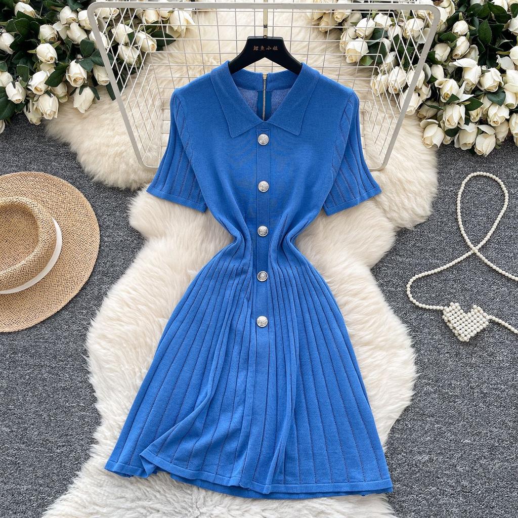 French Retro Polo Collar Short-sleeved Metal Buckle Waist Thin Knitted Dress Women's Summer Foreign Style Age-reducing Skirt
