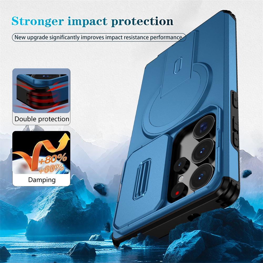 Slide Lens Invisible Folding Magnetic Stand Phone Case For Samsung S25 Ultra S24 Plus FE A56 A36 A26 A16 Camera Protection Cover