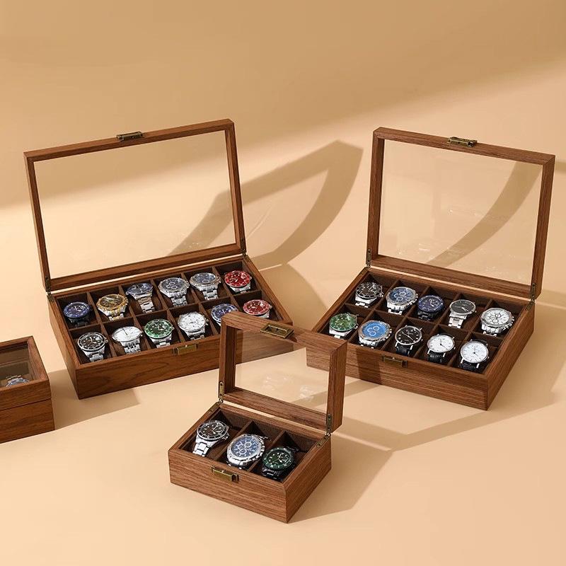 Walnut Wood Grain Watch and Jewelry Display Box with Glass Top