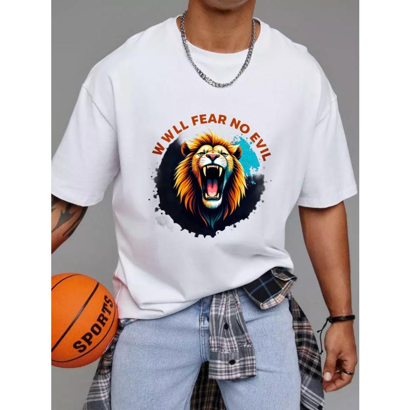 Weißes T-Shirt mit Löwengrafik und We Will Fear No Evil Text für Freizeitkleidung