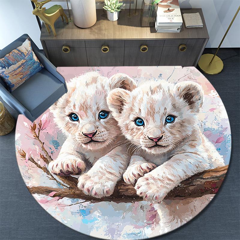 Lion Cubs Round Area Rug,Carpet Rug for Living Room Bedroom Sofa Playroom Decor,Non-slip Floor Mat