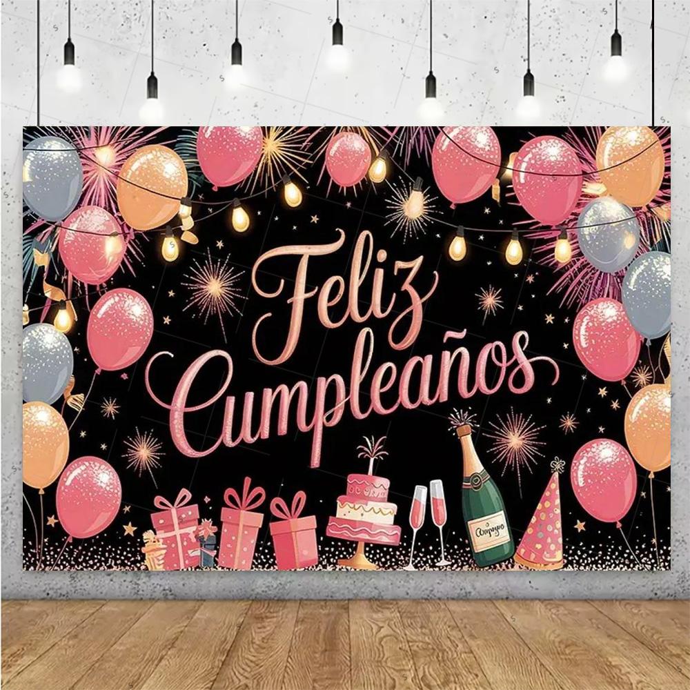 Happy Theme Background In Spanish, Party Decoration with Colored Globes, Background Banner, Gift for Children, Photo Session