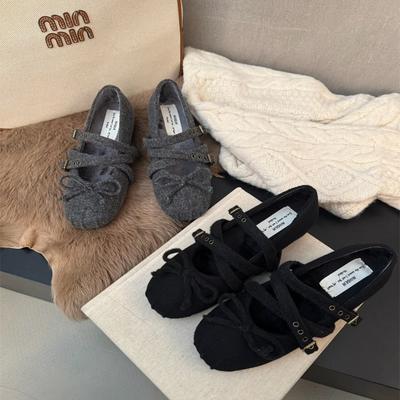 Abendschuhe Wind Kreuzschnalle Schleife Mary Janes Schweinenase Quadratischer Kopf Flache Ballerinas Einzelne Schuhe Damen