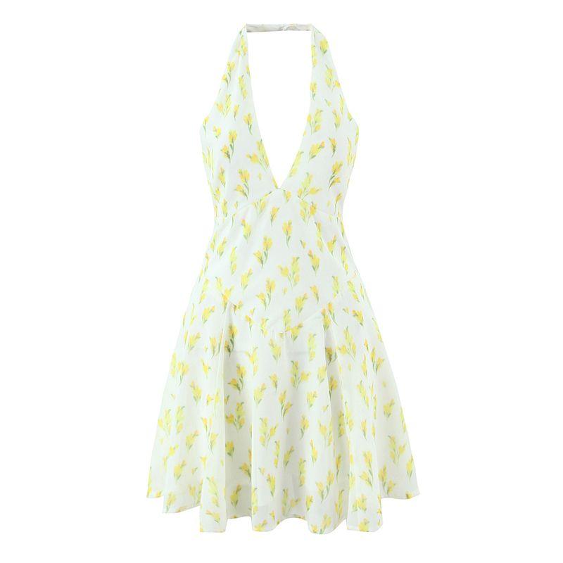 

Summer Rongyu House Same Style Fresh Cute Sweet Print Sexy Deep V Backless Hanging Neck Waist Hugging Dress Summer Whispers L