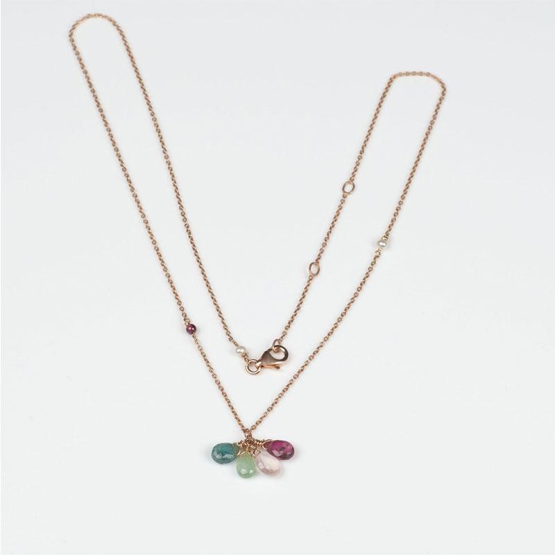 Ancien Collier Pendentif En Or Rose Avec Perles Fines Et Tourmalines - Occasion - Bijou Vintage