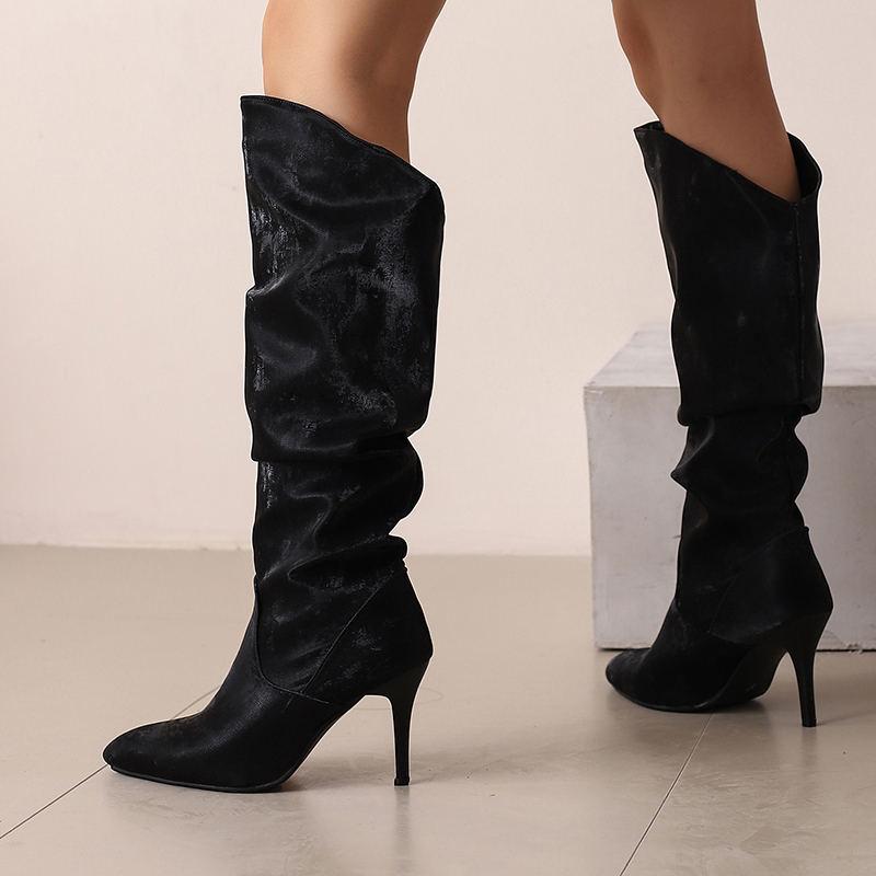 Women's High-heeled Boots, Autumn and Winter New European and American Style Solid Color Pointed Toe Thin Heel Oversized Casual Boots