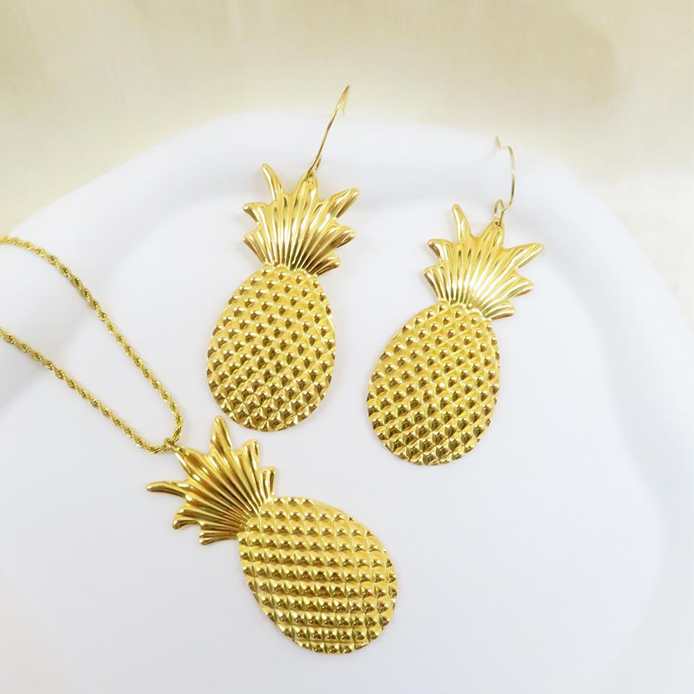 Exquisite Pineapple Pendant Earrings and 18k Stainless Steel Necklace Set
