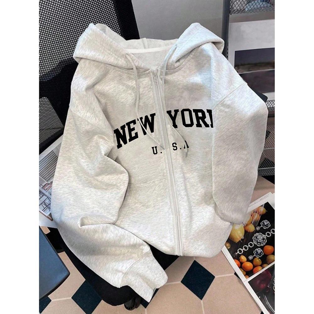Vintage Zip Up Hooded Sweatshirt, New Arrival Loose Trendy Casual Hoodie Jacket Top for Spring Autumn
