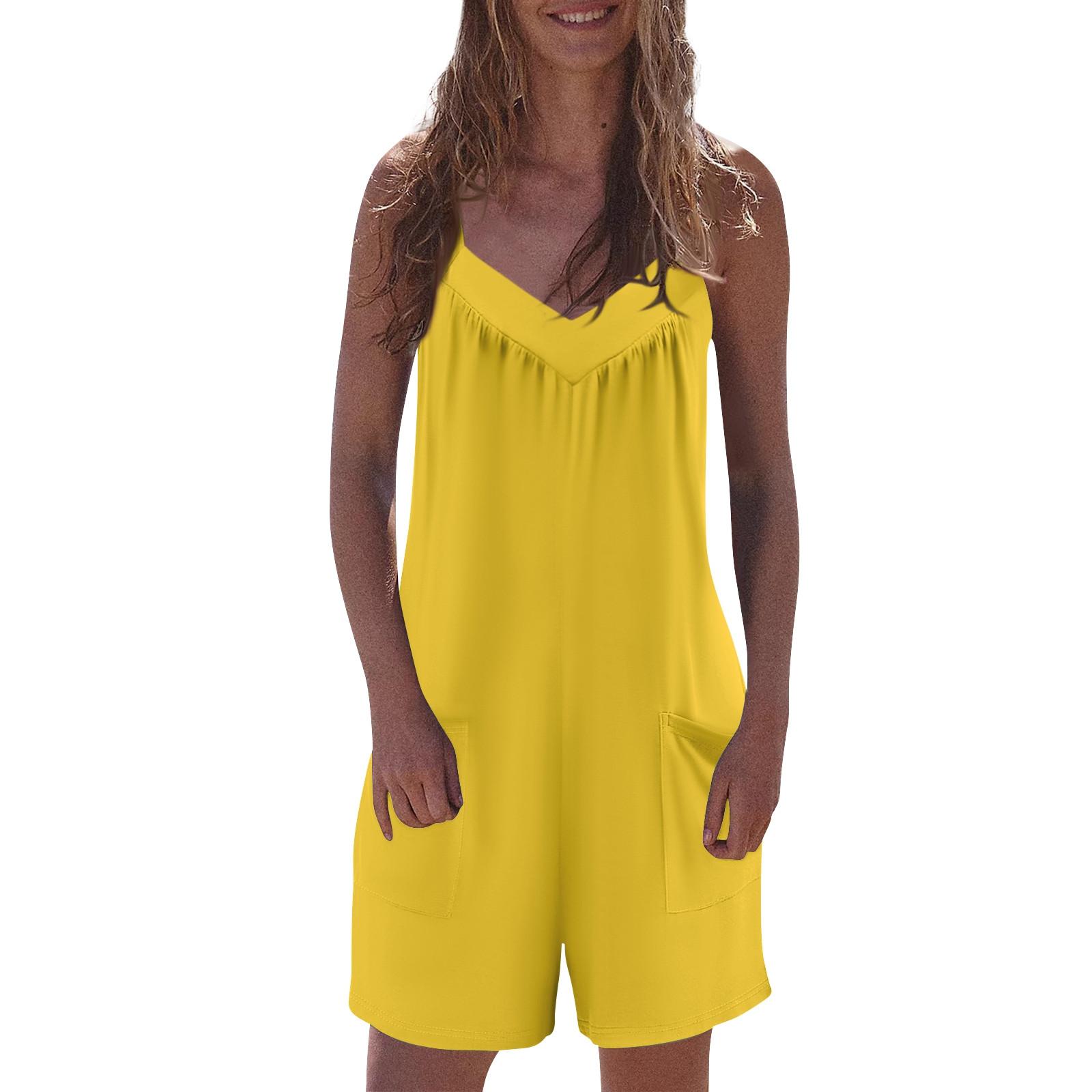 

Женский модный повседневный свободный однотонный комбинезон без рукавов с v-образным вырезом и карманами XL жёлтый