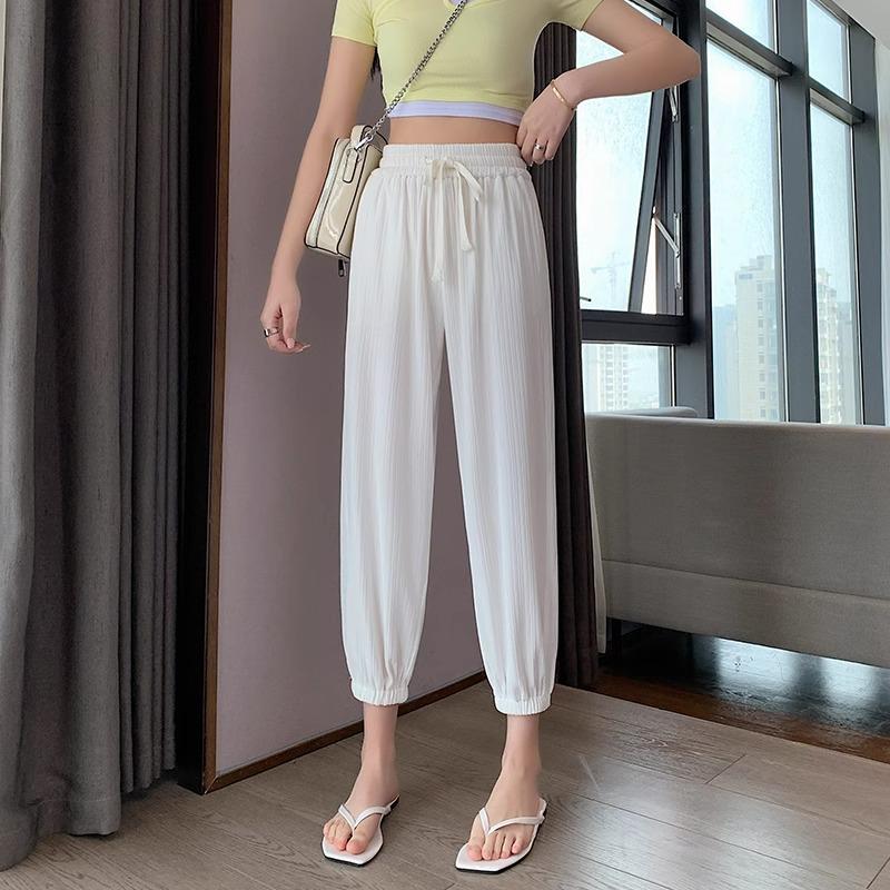 Petite Ice Silk Drawstring Sweatpants, Women's Summer Thin Lantern Style, Mosquito-Proof, Cuffed for Cool Comfort.