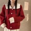 French High-end Christmas Vintage Red Coat Women's Designer Paneled Ruffled Knitted Cardigan