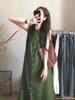 Retro literary green shirt sleeveless dress women's simple casual summer loose atmosphere long skirt