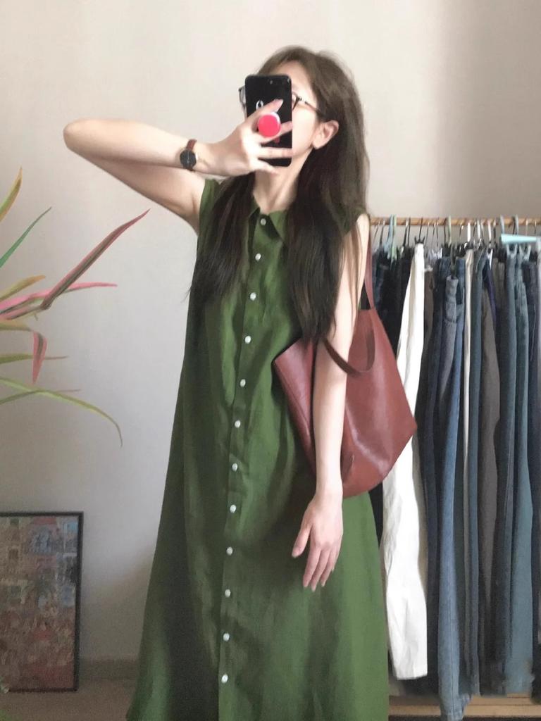 Retro literary green shirt sleeveless dress women's simple casual summer loose atmosphere long skirt