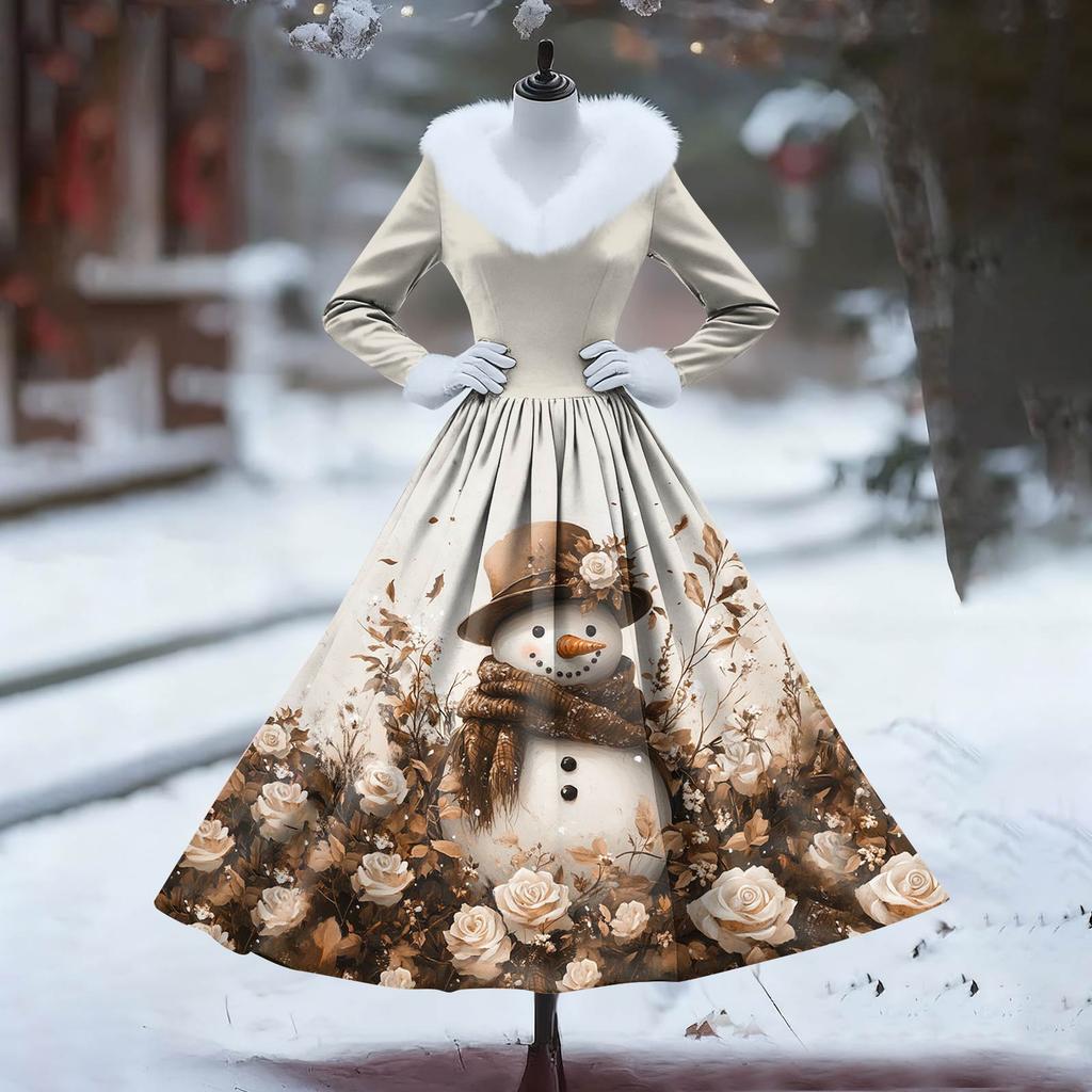 Women's Casual Dress Long-Sleeve V-Neck Patchwork Fleece Christmas Print Dress