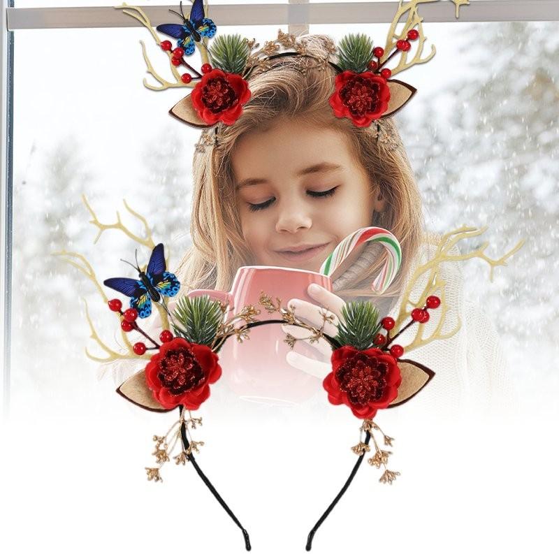 Enchanting Forest Style Antler Headband With Faux Flowers For Christmas Celebrations