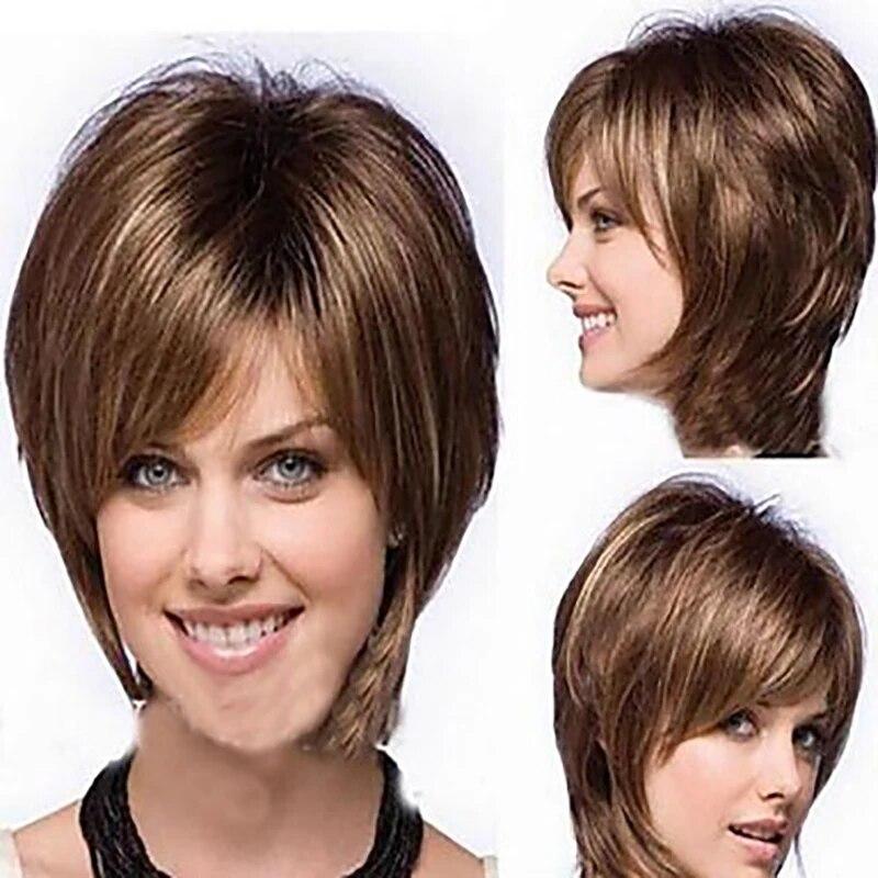 Women Straight Bangs Style Pixie Cut Synthetic Hair Wig Brown Mixed Short Wigs Machine Made