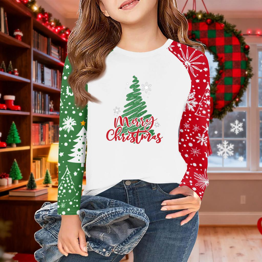 Girls Long Sleeve Christmas Day T Shirts Kids Fall Tops Crewneck Basic Tees 5-14Y
