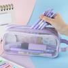 Transparent Large Mesh Pencil Case Double Layer Pencil Bag Handheld Portable Multifunctional Cosmetic Bag Stationery Storage