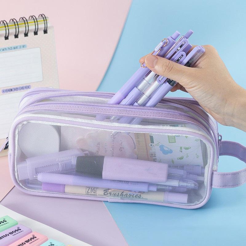 Transparent Large Mesh Pencil Case Double Layer Pencil Bag Handheld Portable Multifunctional Cosmetic Bag Stationery Storage