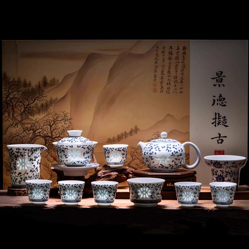 Exquisite mutton fat jade white porcelain gift blue and white lotus teapot, teacup, gaiwan set, full set of kung fu tea sets for home use