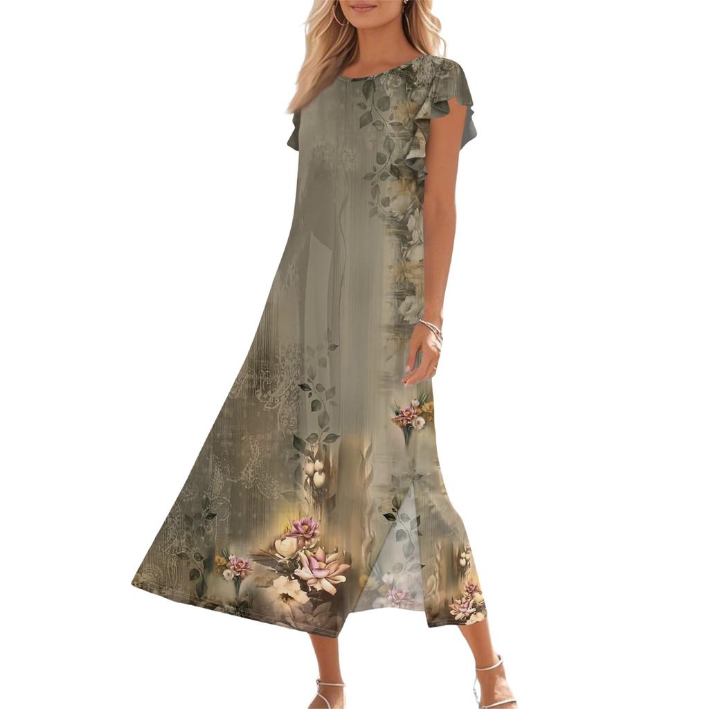 Ladies' Fashionable Summer Casual Pleated Sleeves, Loose Retro Floral Print, Short Sleeves, Round Tie, Pocket Beach Dress