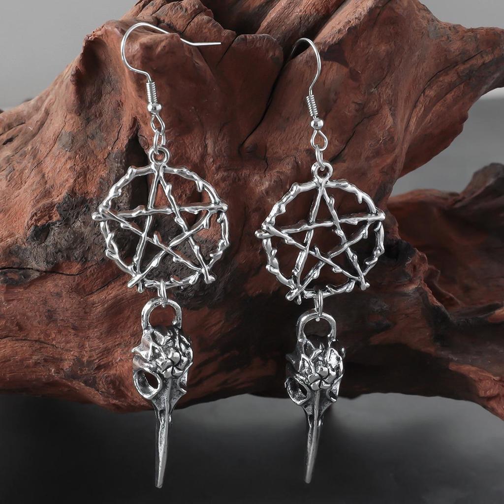 Gothic Skull Crow Pentagram Earrings - Dark Halloween Jewelry