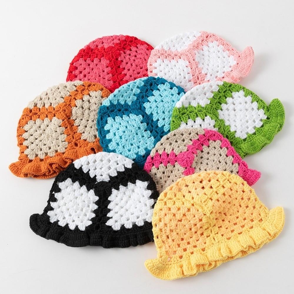 Sunflower Patterned Fisherman Hat Lotus Leaf Edge Handmade Knit Hat Autumn Winter Outings
