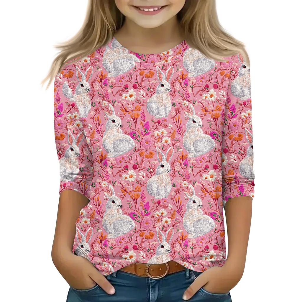 Print Tops For Youth Girls Round Neck 3/4 Sleeves T-Shirts Trendy Tops Outfit Tees